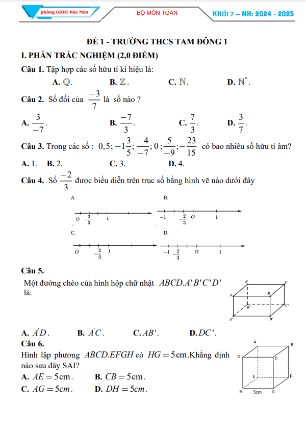 Đề tham khảo giữa kì 1 Toán 7 năm 2024 – 2025 phòng GD&ĐT Hóc Môn – TP HCM