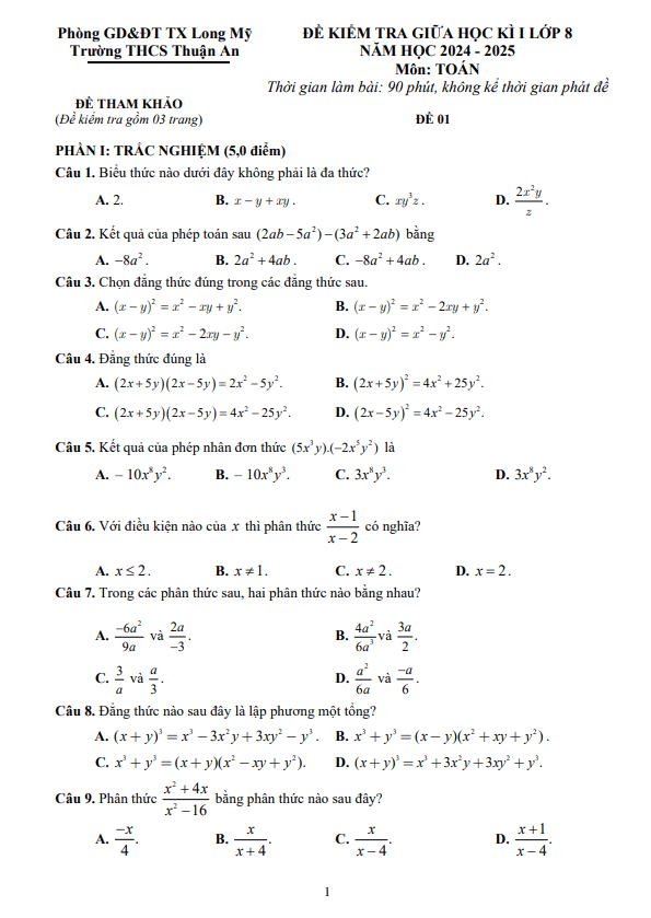 Đề tham khảo giữa kì 1 Toán 8 năm 2024 – 2025 trường THCS Thuận An – Hậu Giang