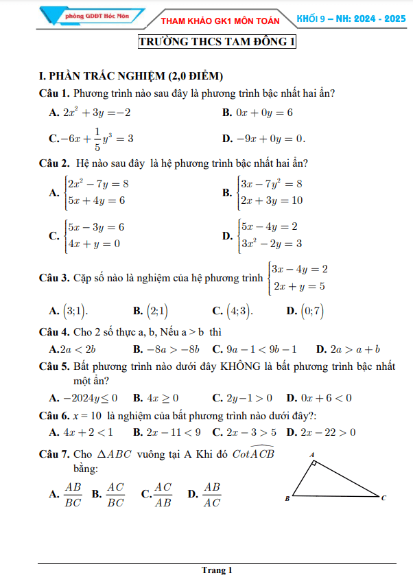 Đề tham khảo giữa kì 1 Toán 9 năm 2024 – 2025 phòng GD&ĐT Hóc Môn – TP HCM
