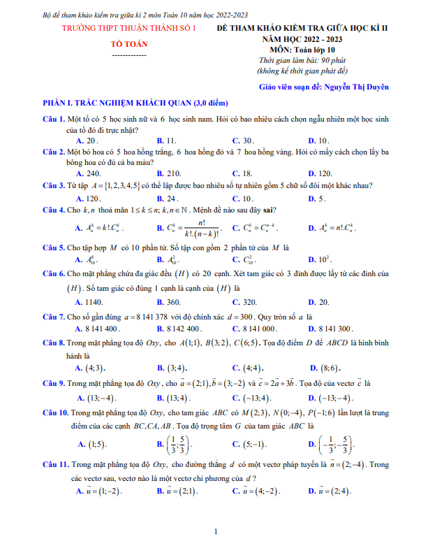 Đề tham khảo giữa kì 2 Toán 10 năm 2022 – 2023 THPT Thuận Thành 1 – Bắc Ninh