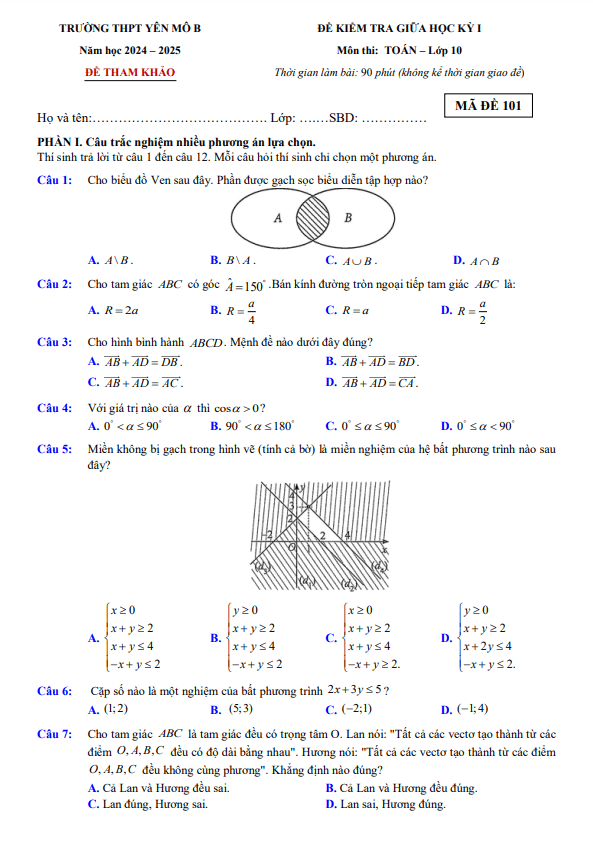 Đề tham khảo giữa kỳ 1 Toán 10 năm 2024 – 2025 trường THPT Yên Mô B – Ninh Bình