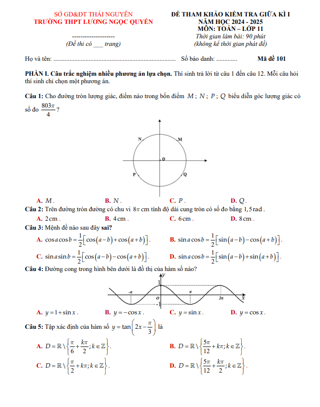 Đề tham khảo giữa kỳ 1 Toán 11 năm 2024 – 2025 trường THPT Lương Ngọc Quyến – Thái Nguyên