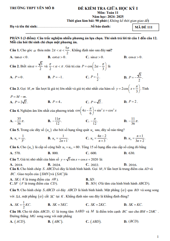 Đề tham khảo giữa kỳ 1 Toán 11 năm 2024 – 2025 trường THPT Yên Mô B – Ninh Bình