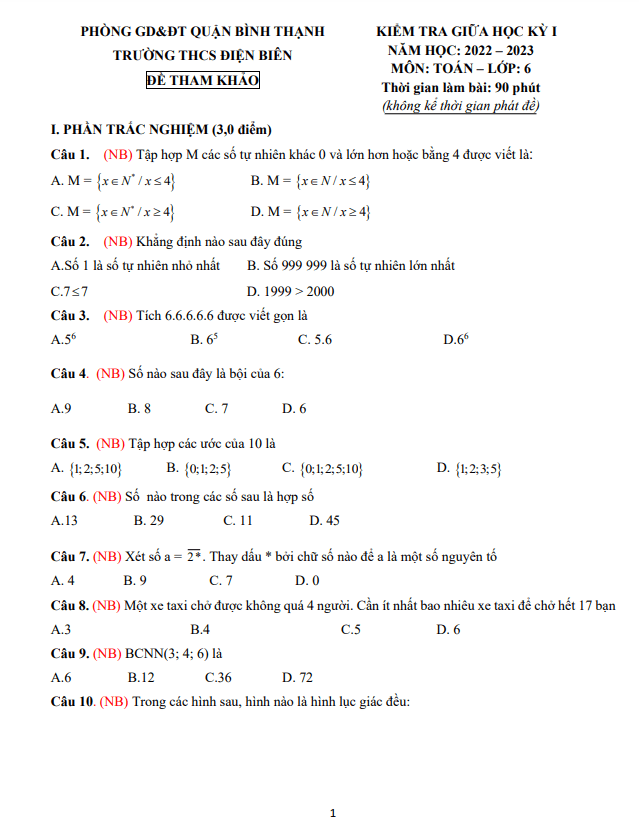 Đề tham khảo giữa kỳ 1 Toán 6 năm 2022 – 2023 trường THCS Điện Biên – TP HCM