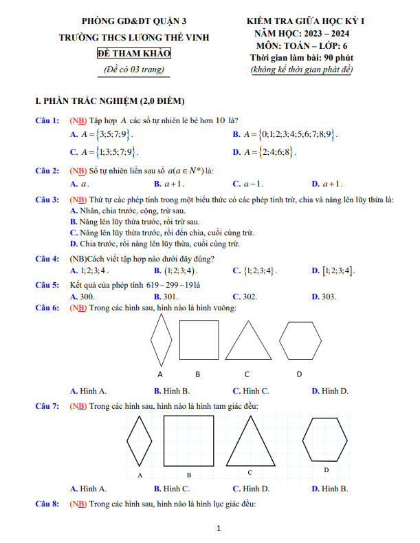 Đề tham khảo giữa kỳ 1 Toán 6 năm 2023 – 2024 trường THCS Lương Thế Vinh – TP HCM