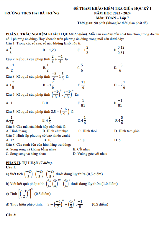 Đề tham khảo giữa kỳ 1 Toán 7 năm 2023 – 2024 trường THCS Hai Bà Trưng – TP HCM