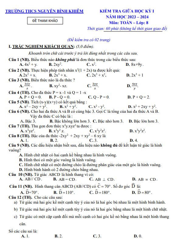Đề tham khảo giữa kỳ 1 Toán 8 năm 2023 – 2024 trường Nguyễn Bỉnh Khiêm – Quảng Nam