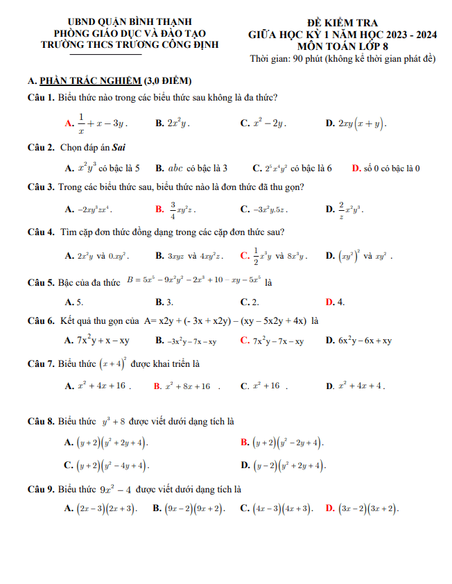 Đề tham khảo giữa kỳ 1 Toán 8 năm 2023 – 2024 trường THCS Trương Công Định – TP HCM