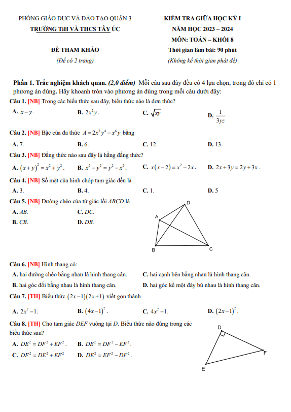 Đề tham khảo giữa kỳ 1 Toán 8 năm 2023 – 2024 trường TiH – THCS Tây Úc – TP HCM