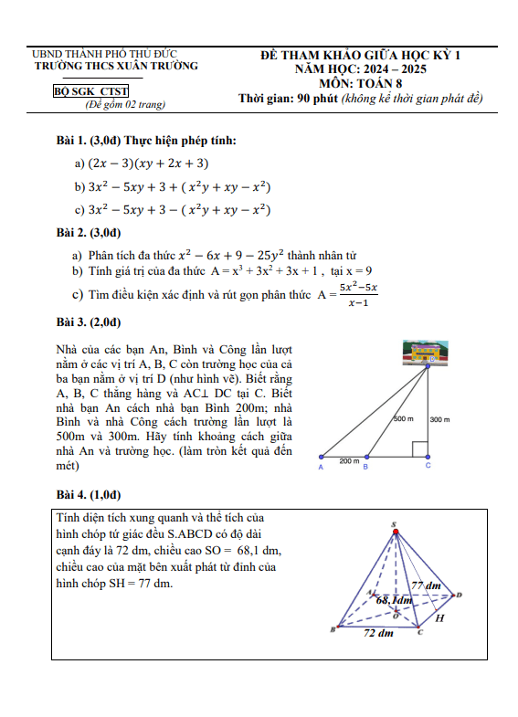 Đề tham khảo giữa kỳ 1 Toán 8 năm 2024 – 2025 phòng GD&ĐT Thủ Đức – TP HCM