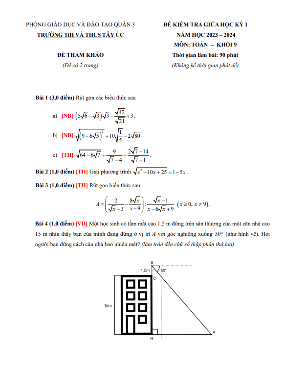 Đề tham khảo giữa kỳ 1 Toán 9 năm 2023 – 2024 trường TiH – THCS Tây Úc – TP HCM