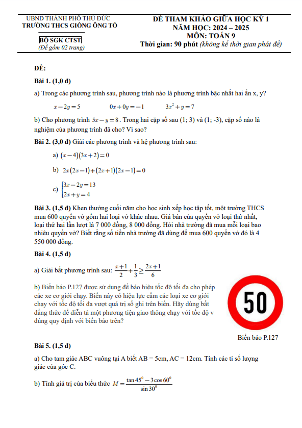 Đề tham khảo giữa kỳ 1 Toán 9 năm 2024 – 2025 phòng GD&ĐT Thủ Đức – TP HCM