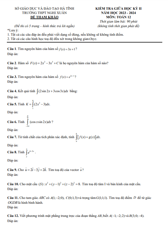 Đề tham khảo giữa kỳ 2 Toán 12 năm 2023 – 2024 trường THPT Nghi Xuân – Hà Tĩnh