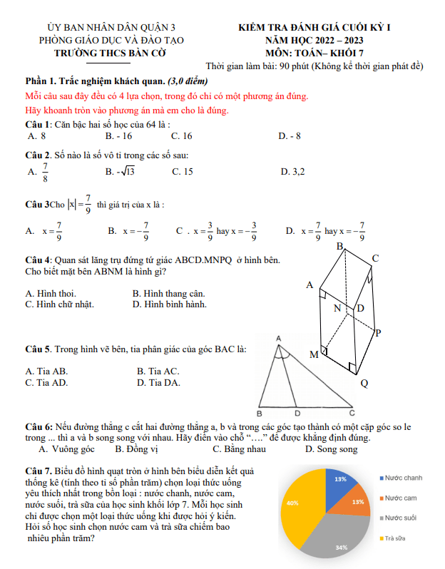 Đề tham khảo học kì 1 Toán 7 năm 2022 – 2023 trường THCS Bàn Cờ – TP HCM