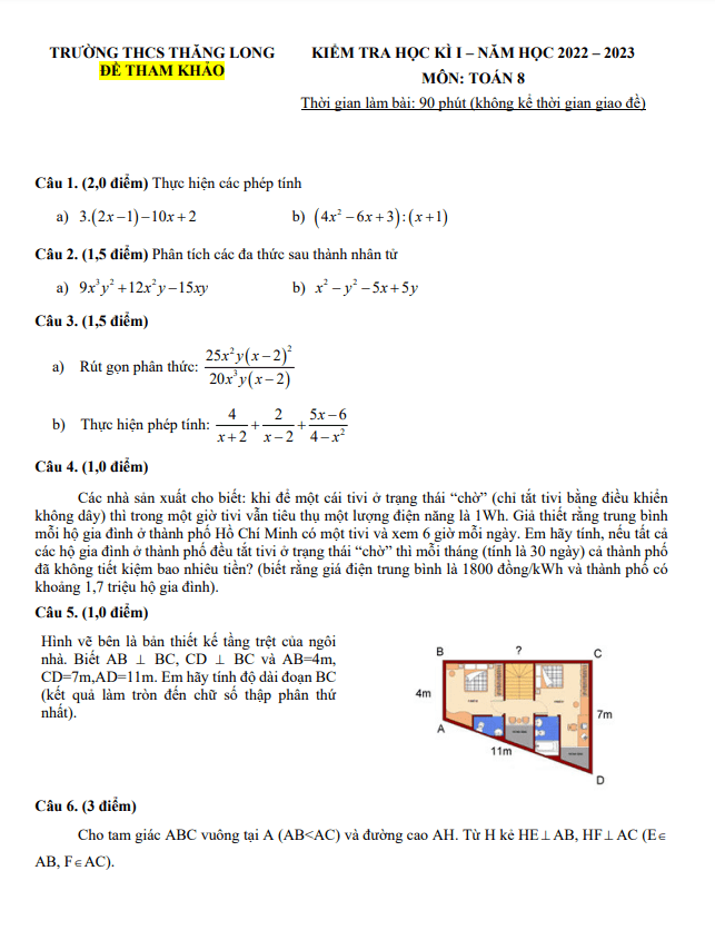 Đề tham khảo học kì 1 Toán 8 năm 2022 – 2023 trường THCS Thăng Long – TP HCM