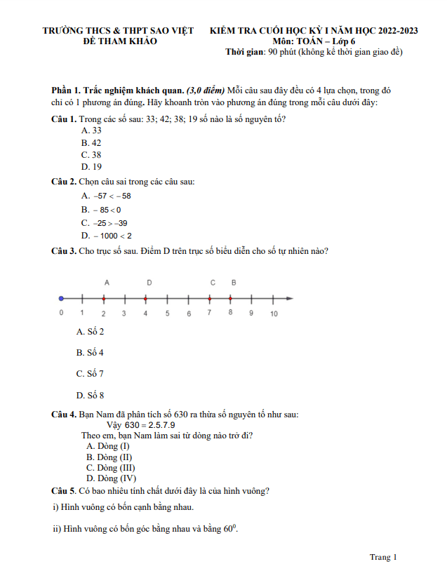 Đề tham khảo học kỳ 1 Toán 6 năm 2022 – 2023 trường Sao Việt – TP HCM