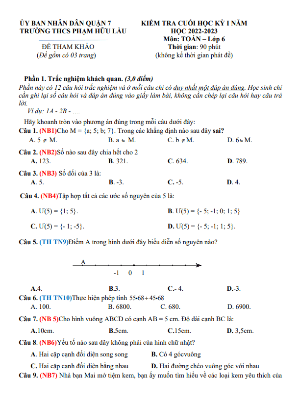 Đề tham khảo học kỳ 1 Toán 6 năm 2022 – 2023 trường THCS Phạm Hữu Lầu – TP HCM
