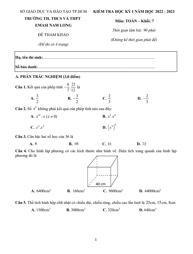 Đề tham khảo học kỳ 1 Toán 7 năm 2022 – 2023 trường EMASI Nam Long – TP HCM