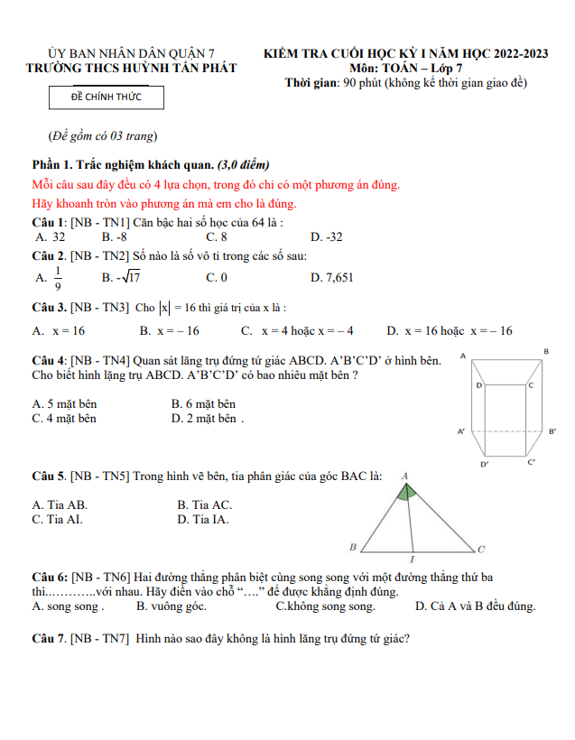 Đề tham khảo học kỳ 1 Toán 7 năm 2022 – 2023 trường THCS Huỳnh Tấn Phát – TP HCM