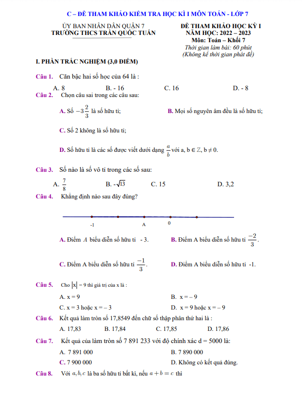 Đề tham khảo học kỳ 1 Toán 7 năm 2022 – 2023 trường THCS Trần Quốc Tuấn – TP HCM