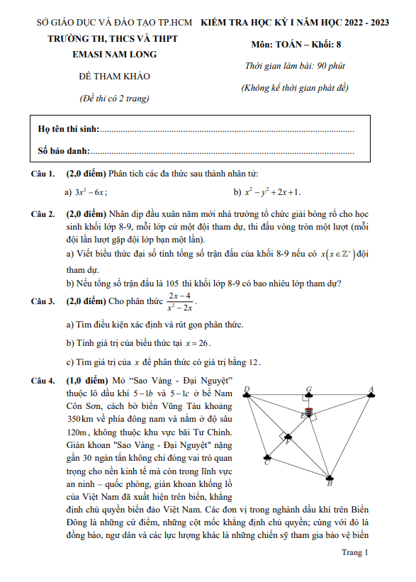 Đề tham khảo học kỳ 1 Toán 8 năm 2022 – 2023 trường EMASI Nam Long – TP HCM
