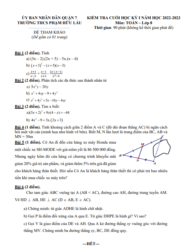 Đề tham khảo học kỳ 1 Toán 8 năm 2022 – 2023 trường THCS Phạm Hữu Lầu – TP HCM