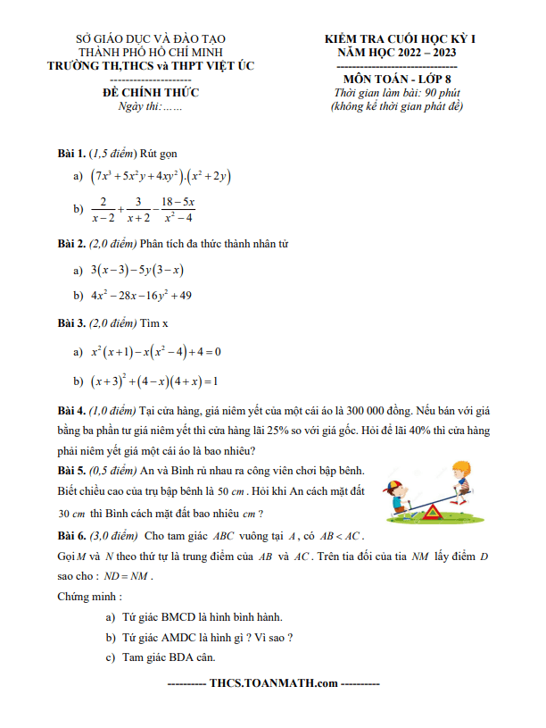Đề tham khảo học kỳ 1 Toán 8 năm 2022 – 2023 trường Việt Úc – TP HCM