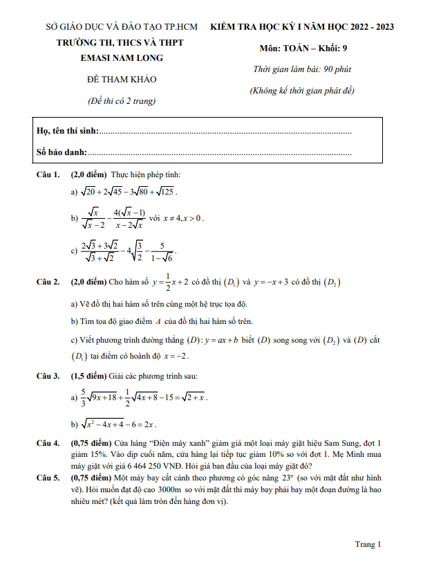 Đề tham khảo học kỳ 1 Toán 9 năm 2022 – 2023 trường EMASI Nam Long – TP HCM