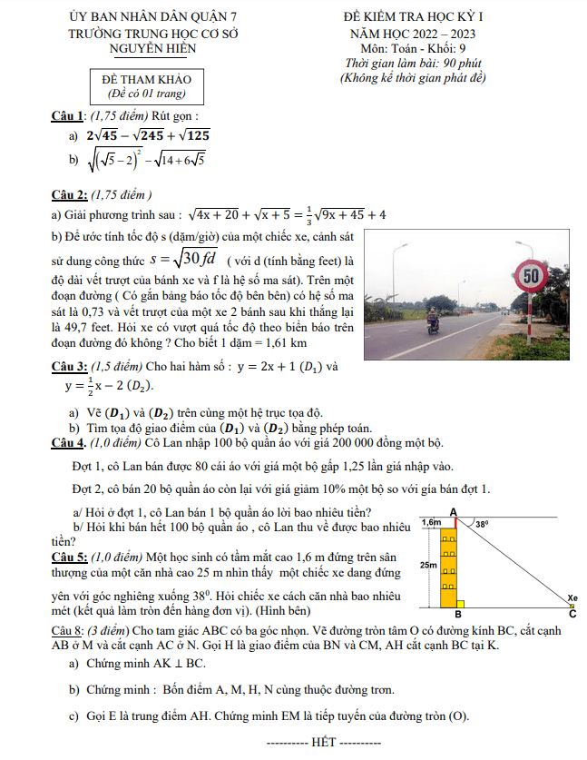 Đề tham khảo học kỳ 1 Toán 9 năm 2022 – 2023 trường THCS Nguyễn Hiền – TP HCM