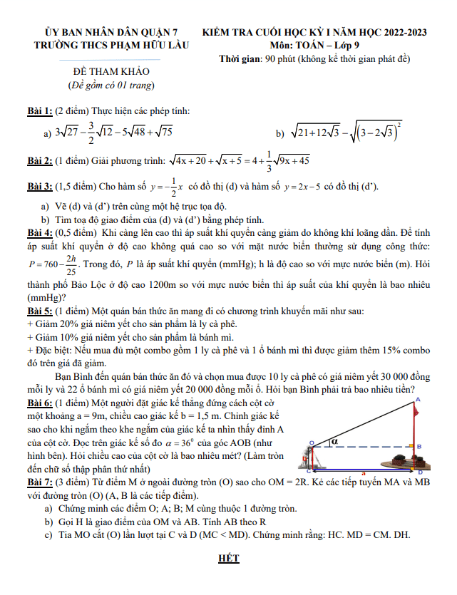 Đề tham khảo học kỳ 1 Toán 9 năm 2022 – 2023 trường THCS Phạm Hữu Lầu – TP HCM
