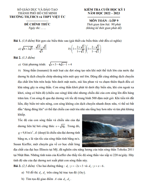 Đề tham khảo học kỳ 1 Toán 9 năm 2022 – 2023 trường Việt Úc – TP HCM