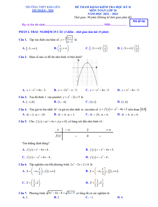 Đề tham khảo học kỳ 2 Toán 10 năm 2022 – 2023 trường THPT Kim Liên – Hà Nội