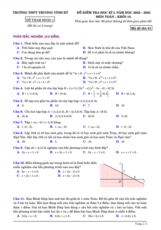 Đề tham khảo kì 1 Toán 10 năm 2022 – 2023 trường THPT Trương Vĩnh Ký – Bến Tre