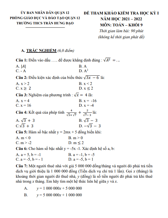 Đề tham khảo thi HK1 Toán 9 năm 2021 – 2022 trường Trần Hưng Đạo – TP HCM