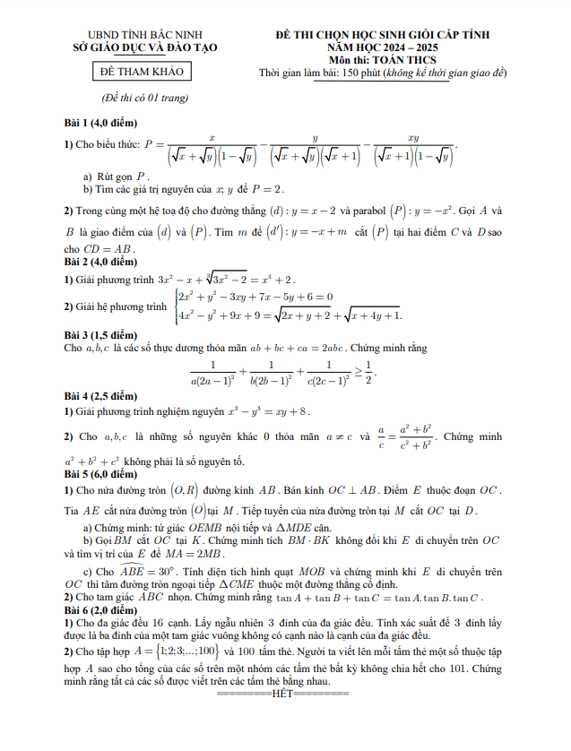 Đề tham khảo thi HSG tỉnh Toán THCS năm 2024 – 2025 sở GD&ĐT Bắc Ninh