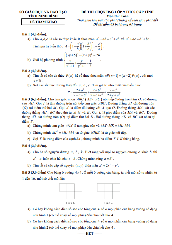 Đề tham khảo thi HSG Toán 9 cấp tỉnh năm 2024 – 2025 sở GD&ĐT Ninh Bình