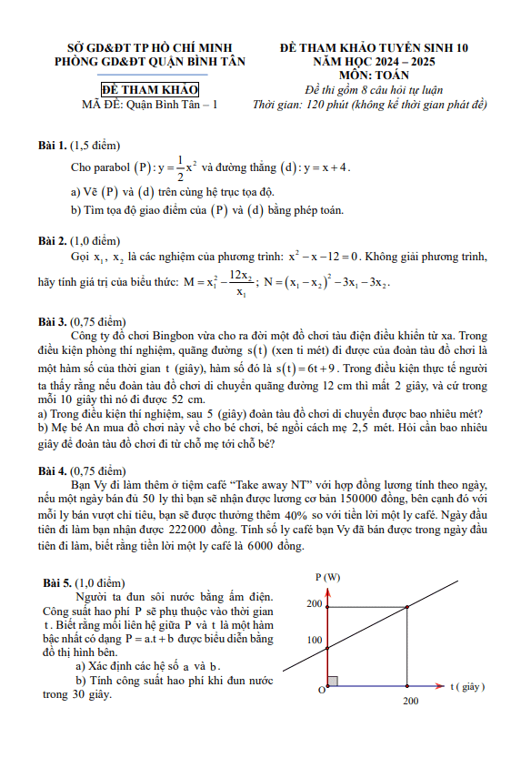 Đề tham khảo tuyển sinh 10 môn Toán 2024 – 2025 phòng GD&ĐT Bình Tân – TP HCM