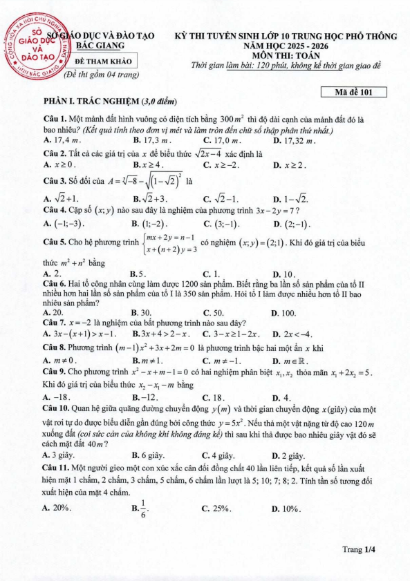 Đề tham khảo tuyển sinh lớp 10 môn Toán năm 2025 – 2026 sở GD&ĐT Bắc Giang