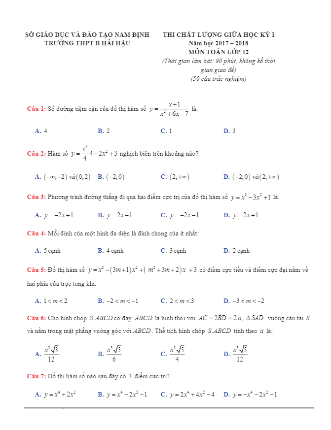 Đề thi chất lượng giữa HKI năm học 2017 – 2018 môn Toán 12 trường THPT B Hải Hậu – Nam Định