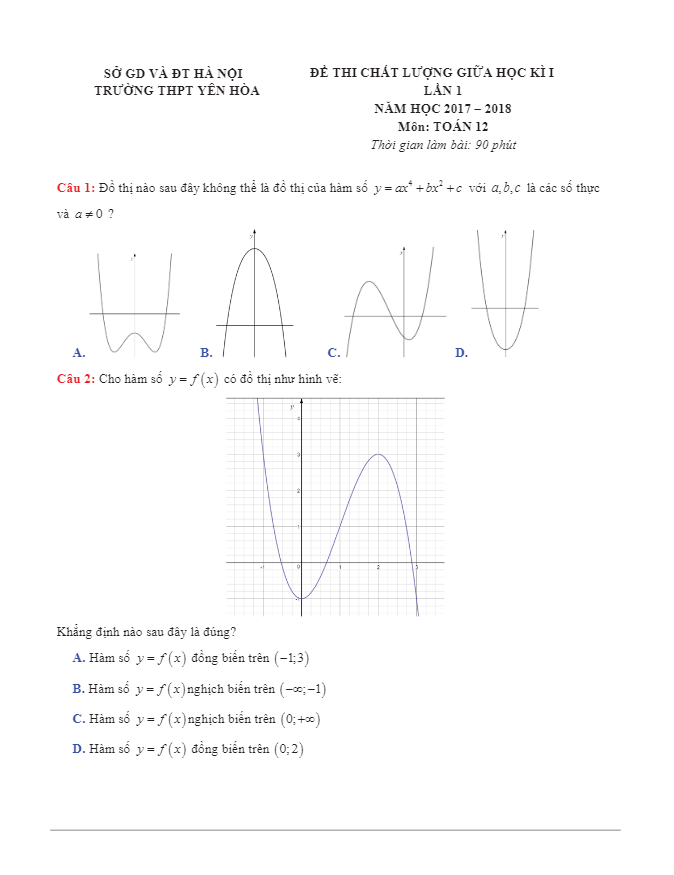 Đề thi chất lượng giữa học kỳ I năm học 2017 – 2018 môn Toán lớp 12 trường THPT Yên Hòa – Hà Nội