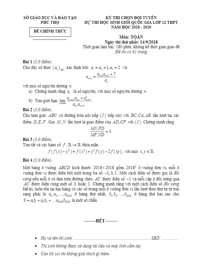 Đề thi chọn đội tuyển dự kỳ thi HSG Quốc gia Toán 12 năm 2018 – 2019 sở GD và ĐT Phú Thọ