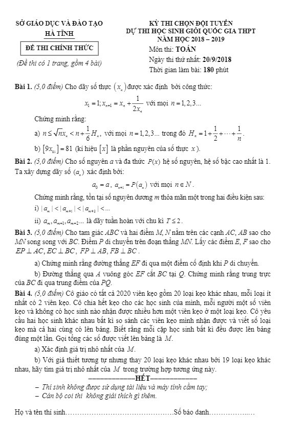 Đề thi chọn đội tuyển dự thi HSG Quốc gia năm 2018 – 2019 môn Toán sở GD và ĐT Hà Tĩnh