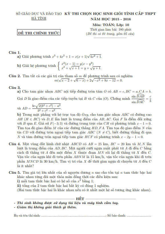 Đề thi chọn học sinh giỏi tỉnh Toán 10 năm 2015 – 2016 sở GD&ĐT Hà Tĩnh