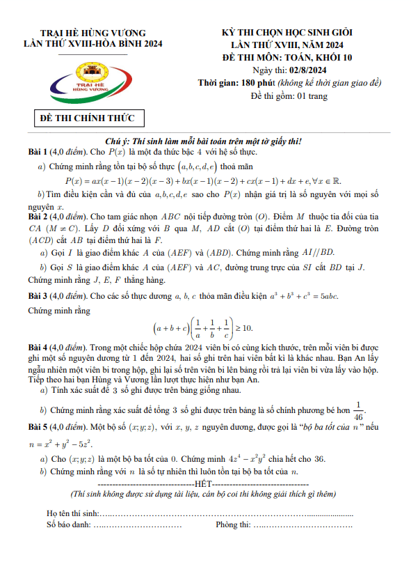 Đề thi chọn học sinh giỏi Toán 10 Trại hè Hùng Vương lần thứ 18 năm 2024