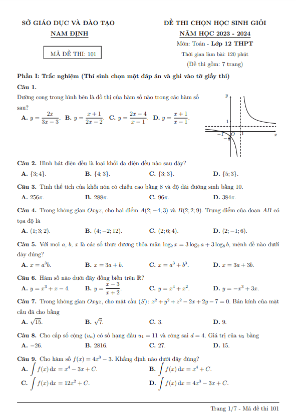 Đề thi chọn học sinh giỏi Toán 12 năm 2023 – 2024 sở GD&ĐT Nam Định