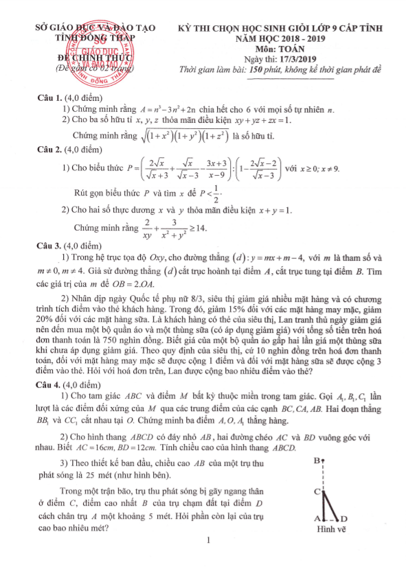 Đề thi chọn học sinh giỏi Toán 9 cấp tỉnh năm 2018 – 2019 sở GD&ĐT Đồng Tháp