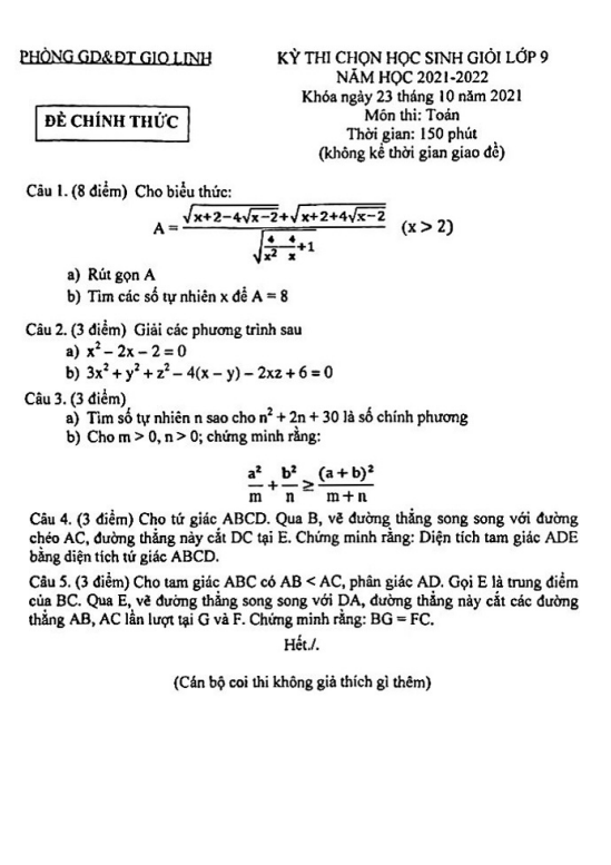 Đề thi chọn học sinh giỏi Toán 9 năm 2021 – 2022 phòng GD&ĐT Gio Linh – Quảng Trị