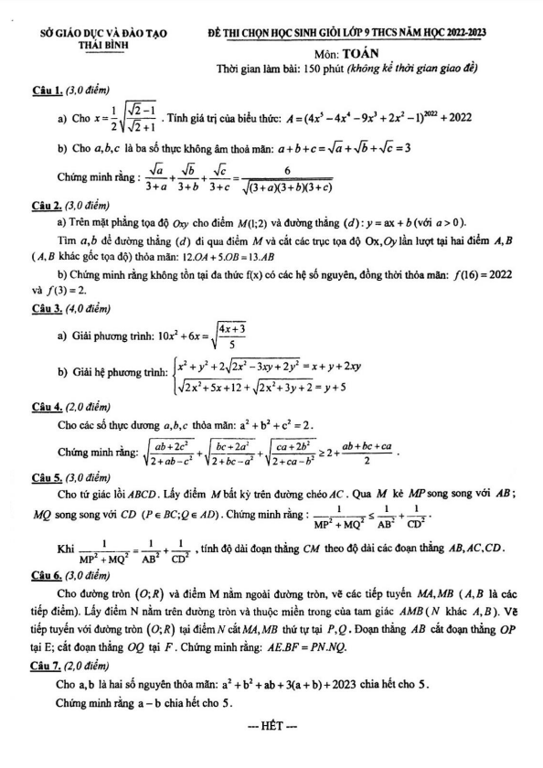 Đề thi chọn học sinh giỏi Toán 9 năm 2022 – 2023 phòng GD&ĐT Thái Bình