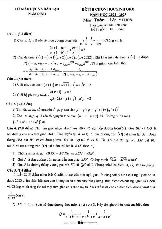 Đề thi chọn học sinh giỏi Toán 9 năm 2022 – 2023 sở GD&ĐT Nam Định