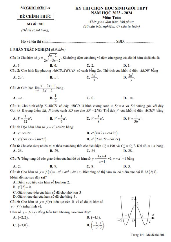 Đề thi chọn học sinh giỏi Toán THPT năm 2023 – 2024 sở GD&ĐT Sơn La